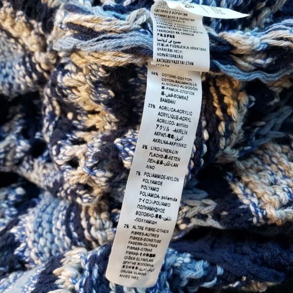 Benetton Womans Blue Knit Crochet Cut Out Striped Open Cardigan Sweater M NWT - Picture 9 of 14